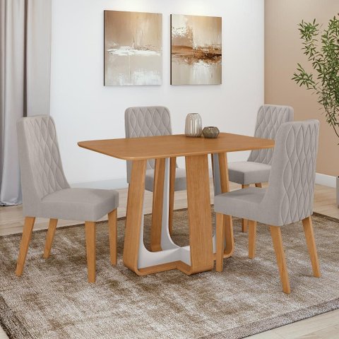 Conjunto Sala de Jantar Mesa Easy Pop 120x80cm Tampo Mdf com 4 Cadeiras Seat Amêndoa/off