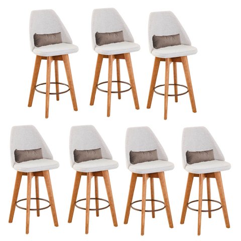 Kit 07 Banquetas Alta Maya Giratória Com Encosto Linho Bege Claro e Almofada Corino Bege - Gat