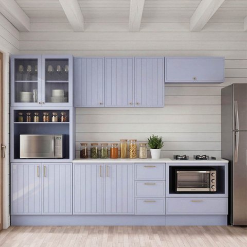 Cozinha Modulada 6 Peças com Tampo com Cristaleira Marselha CabeCasa MadeiraOriginals Azul/Sereno