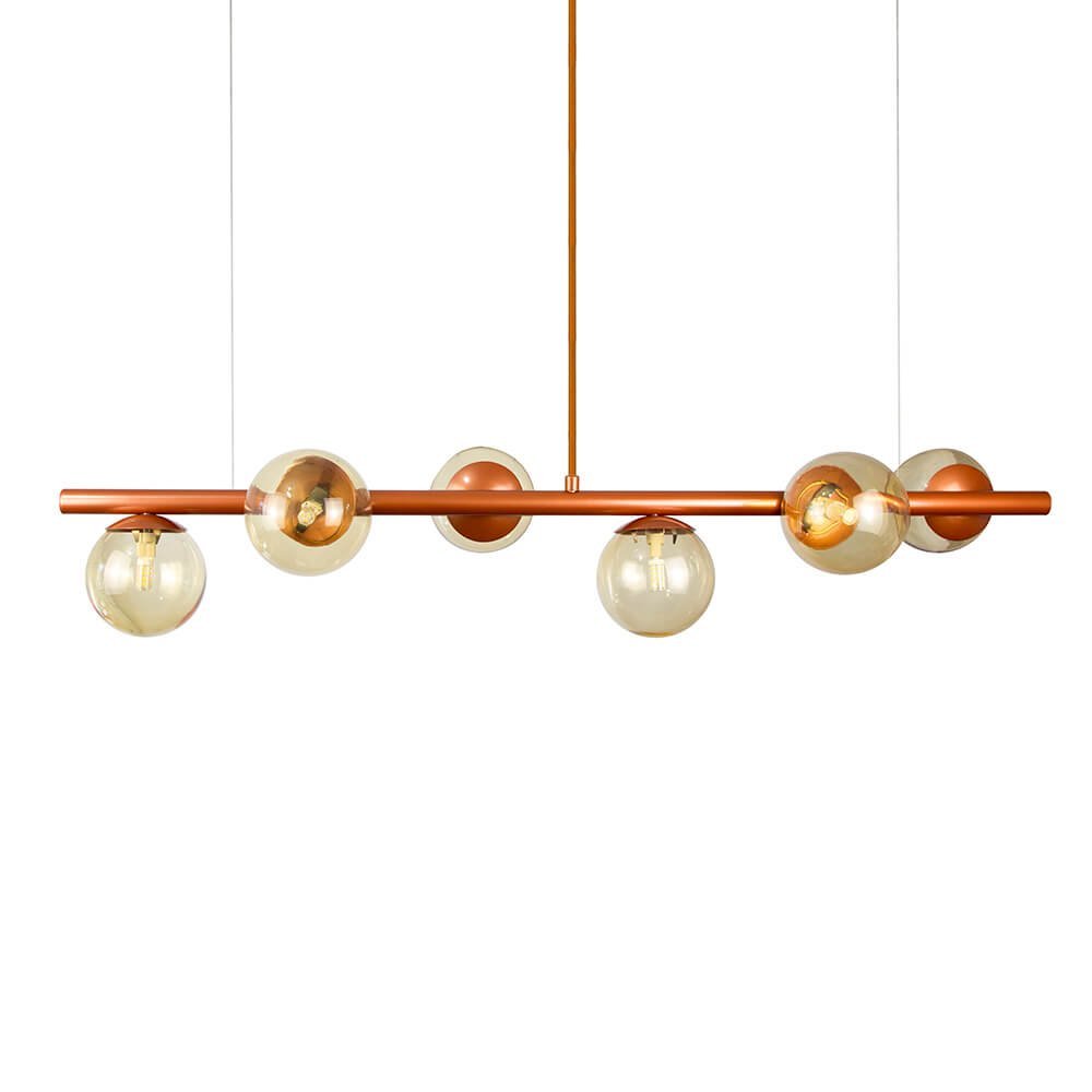 Lustre Pendente Figo Bronze - 6 Globo Esfera de Vidro Âmbar