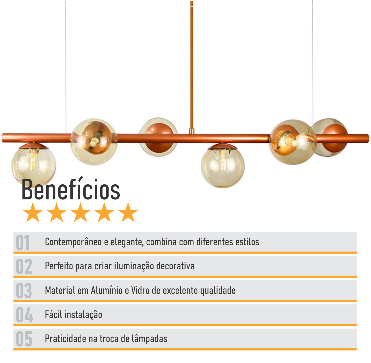 Lustre Pendente Figo Bronze - 6 Globo Esfera de Vidro Âmbar - 3