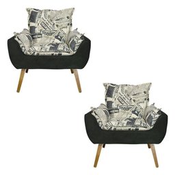 Kit 2 Poltronas Decorativas Opala Jornal Preto - Kasa Sofá - 1 Kit 2 Poltronas Decorativas Opala Jornal Preto - Kasa Sofá - 1