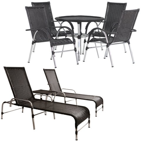 Kit 4 Cadeiras Vênus e Mesa Garden, 2 Espreguiçadeiras Catar e Mesa Emily para Jardim, Piscina Trama