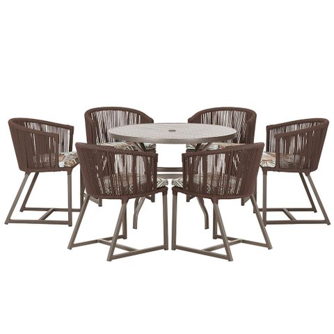 Mesa com 6 Cadeiras de Jantar Roma 120cm e Noronha em Alumínio Marrom Corda Náutica Estofado 6 Trama