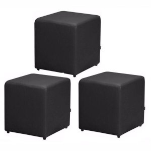 Kit 3 Puffs Quadrado Corino Preto - Nay Estofados