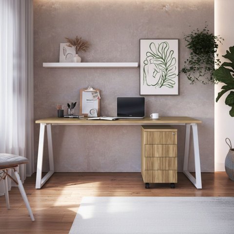 Mesa Escrivaninha Industrial e Gaveteiro com Rodízios Idea A03 Nogal Sevilha Branco - Lyam Decor