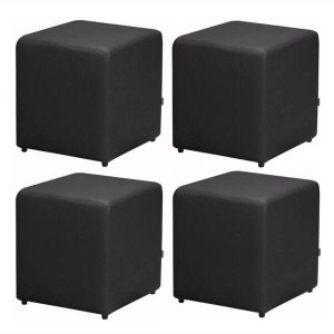 Kit 4 Puffs Quadrado Corino Preto - Nay Estofados