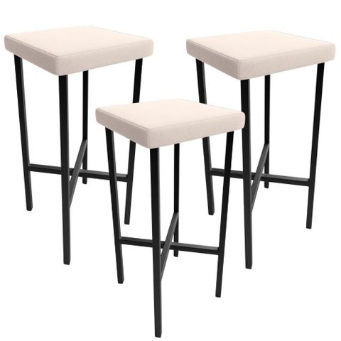 Kit 03 Banquetas Alta Bar Cozinha Sala de Jantar Preto Stella L02 Suede Bege - Lyam Decor
