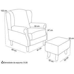 Poltrona Decorativa Berger com Puff London Pés Madeira Linho Bege - Arteclasse - 4