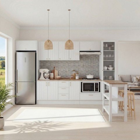 Cozinha Planejada 10 Peças com Tampo e Cristaleira e Ilha Marselha CabeCasa MadeiraOriginals Branco