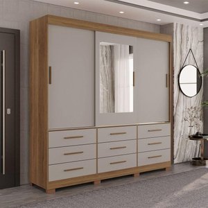 Guarda Roupa New Star 3 Portas 9 Gavetas com Espelho Salleto Cinamomo/ Off White