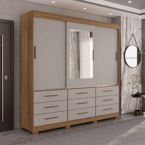 Guarda Roupa New Star 3 Portas 9 Gavetas com Espelho Salleto Cinamomo/ Off White