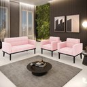 Ver imagem 2 de Conjunto 2 Poltronas e 1 Namoradeira Decorativa Karen Pés Fixo em Madeira Preto Suede Rosa Bebê G19 