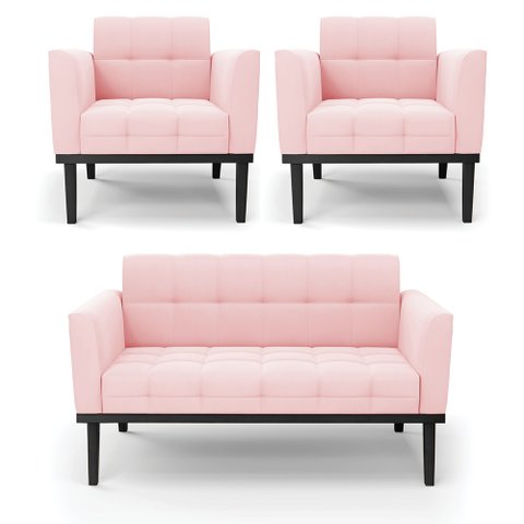 Conjunto 2 Poltronas e 1 Namoradeira Decorativa Karen Pés Fixo em Madeira Preto Suede Rosa Bebê G19 