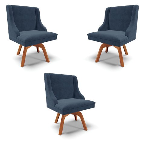 Kit 3 Cadeiras Decorativas Sala de Jantar Base Giratória de Madeira Firenze Suede Azul Marinho/Natur