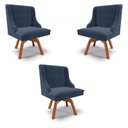 Ver imagem 1 de Kit 3 Cadeiras Decorativas Sala de Jantar Base Giratória de Madeira Firenze Suede Azul Marinho/Natur