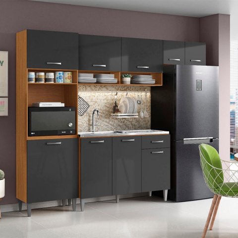 Cozinha Compacta Aurora com Balcão 120cm sem Tampo Cinamomo Grafite Aramóveis