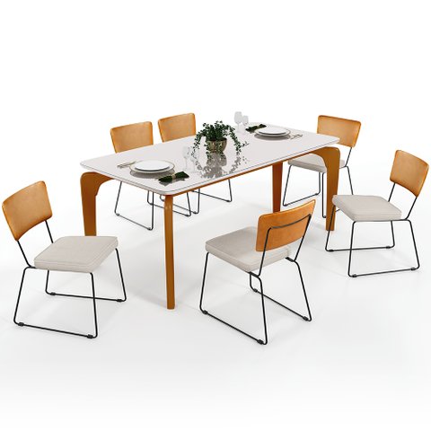 Mesa de Jantar Capri 160cm Off White com 6 Cadeiras Allana B05 Couríssimo Whisky Linho Cru - Lyam