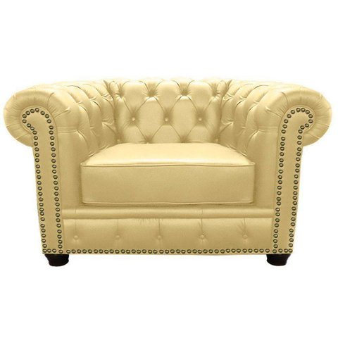 Poltrona Chesterfield com Pés Madeira Couro Bege - Mempra 