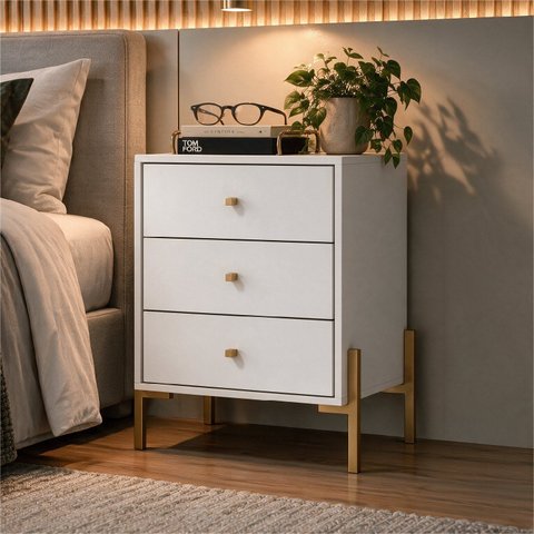 Cômoda de Cabeceira 3 Gavetas 100% MDF com Pintura UV e Pés em Metal 49x62x38cm Branco Fosco