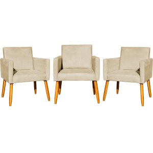 Kit 3 Poltronas para Sala Recepção Consultório Nina Suede Cores Pé Palito 30cm Castanho