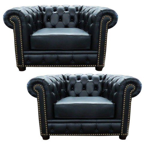 Kit 2 Poltronas Chesterfield com Pés Madeira Couro Preto - Mempra 