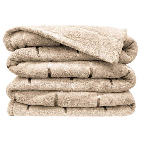 Cobertor Manta Fluffy Casal Queen 2,40m X 2,20m Listras Super Macio - Bege