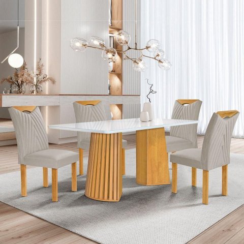 Conjunto de Jantar Stella 4 Lugares Tampo Vidro Cadeiras Veludo Bege 120cm Cel Móveis