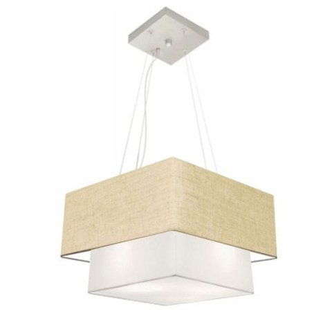 Lustre Pendente Quadrado Duplo Md-4157 Cupula Tec 25/40x35cm Rustico Bege-Branco