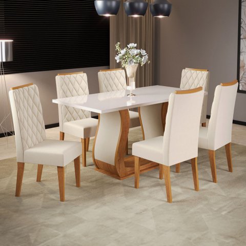 Mesa de Jantar 6 Lugares Los Angeles com Vidro Mel/off White/veludo Pastel - Panorama Móveis