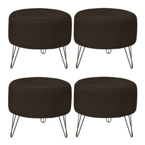 Kit 4 Puffs Decorativos Redondo Pés Metal Couro Natural Marrom - Scala Decor