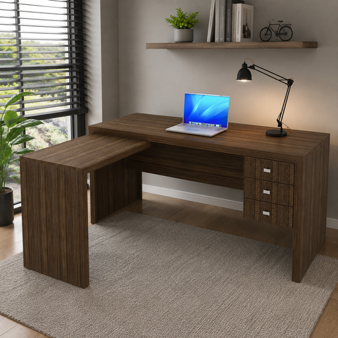Mesa de Escritório de Canto com 3 Gavetas ME4106 Nogal - Tecno Mobili