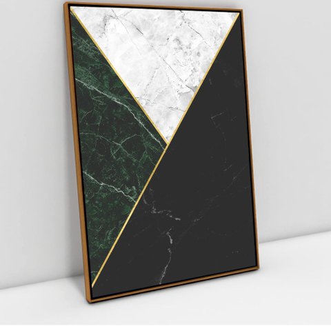 Quadro Decorativo em Canvas Geométrico Mármore Verde, Preto e Branco TaColado Moldura Flutuante 4,5c