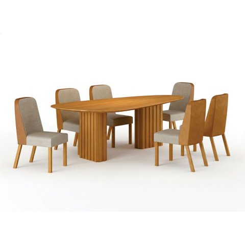 Conjunto Sala de Jantar Ísis 2,00m com 6 Cadeiras Tampo Orgânico s/ Vidro Cinamomo Cinamomo/Sintétic