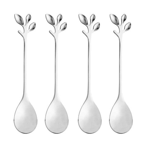 Conjunto 4 Colheres de Chá de Aço Inox Leaves Prata - Wolff