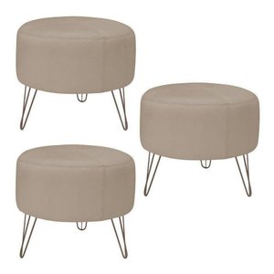 Kit 3 Puffs Decorativos Redondo Pés Metal Couro Natural Bege