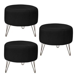 Kit 3 Puffs Decorativos Redondo Pés Metal Couro Natural Preto