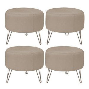 Kit 4 Puffs Decorativos Redondo Pés Metal Couro Natural Bege
