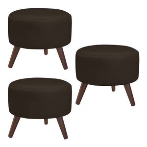 Kit 3 Puffs Decorativos Redondo Pés Palito Couro Natural Marrom