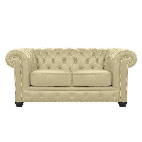 Sofá Chesterfield 2 Lugares com Pés Madeira Couro Bege - Mempra
