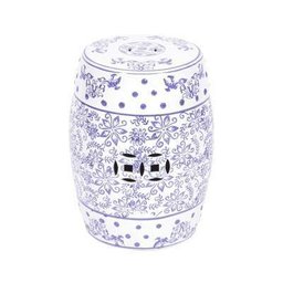 Puff Seat Garden Cerâmica Chinesa Branca e Azul - 1