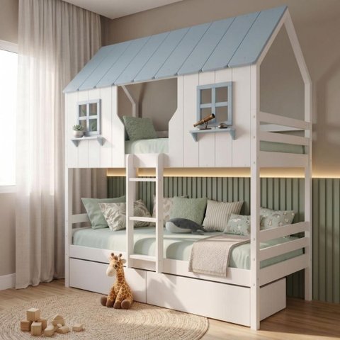 Beliche Casinha Encantada com 02 Gavetas Madeira Maciça Branco / Azul Housin