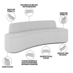 Sofá 3 Lugares Curvo Sala de Estar Living Cancún D02 Linho Cinza 180 cm D-315 - Lyam Decor - 3
