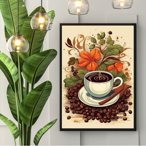 Quadro Arte Xícara de Café com Flores 45x34cm - com Vidro:moldura Branca