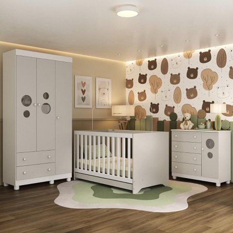 Quarto de Bebê Completo com Berço Americano 3 em 1 Bombom Multimóveis Mp4622 Branco/off White