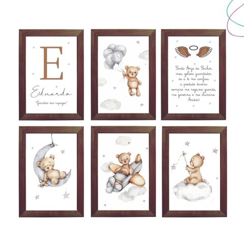 Kit 6 Quadros Decoração Quarto Infantil Ursinho Aquarela:tabaco