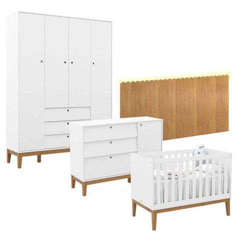 Quarto de Bebê Unique 4 Portas com Cômoda Sapateira e Painel Farm com Led Branco Soft Eco Wood -