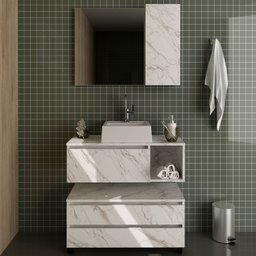 Armário de Banheiro com Cuba 1 Porta 2 Gavetas Mármore Branco Bn3617 - Tecno Mobili - 1