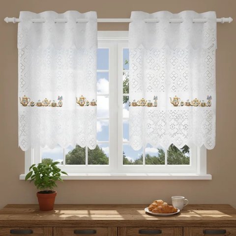 Cortina Pia c/ Bando Vitro Real Renda Cozinha 1,60x0,80x0,20:Bule Dourado