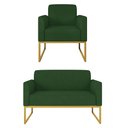 Ver imagem 1 de Kit Namoradeira e 1 Poltrona Decorativa Base Industrial Dourada Maressa S23 Suede Verde - Ibiza